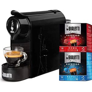 Bialetti Gioia, espressomachine voor capsules van aluminium, inclusief 32 capsules, supercompact, 500 ml, zwart