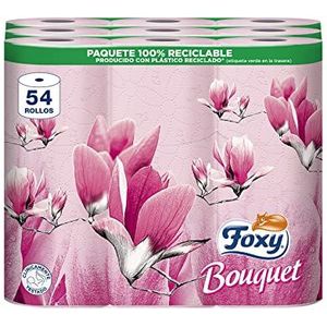 Foxy Bouquet Toiletpapier met 54 rollen, roze geur, PEFC-certificering, 100% hernieuwbare elektrische energie, recyclebare verpakking van gerecyclede kunststof