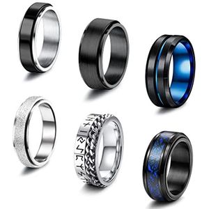 CASSIECA 6/8 stuks ringen spinner roestvrij staal voor heren en dames, zwart, fidget-band, ringset, anti-angst, sieraden, coole ketting, golf, kruis, spinner band ringen, Metaal