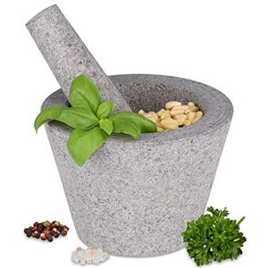 Relaxdays vijzel met stamper - 10 x 14 cm - kruidenpletter - mortel - natuursteen - grijs