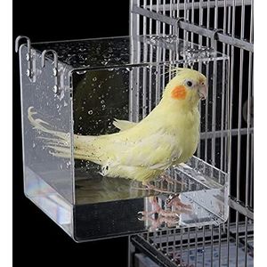 GURECOD hangend vogelbad kubus vogelbad kuip bad box kooi accessoires kleine vogels kanaries leeuweriken papegaaien kaketoes agaporniden bad (13x13x11cm, Transparant)
