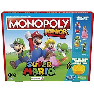 Hasbro Monopoly Junior Super Mario Edition bordspel, vanaf 5 jaar, speelt in het paddenstoelkoningrijk als Mario, Peach, Yoshi of Luigi, Multi