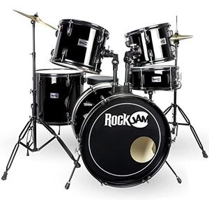 Rockjam Volledig formaat drumstel met vijf drums, twee bekkens, drumtroon en drumsticks - zwart, RJFSDK01-BK