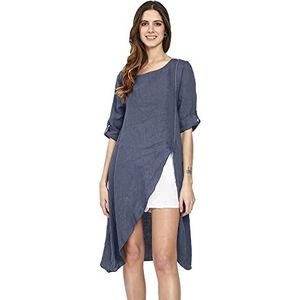 Bonateks Damesjurk van 100% linnen, gemaakt in Italië, lange jurk van puur linnen, marineblauw, maat L, Marineblauw, L