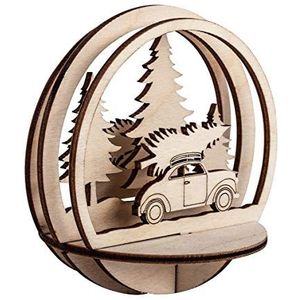 Rayher 62885505 houten onderdelen auto met dennenboom, 9,5 cm ø, naturel, set 5-delig, houten bouwpakket gelaserd, FSC-gecertificeerd, kerstdecoratie