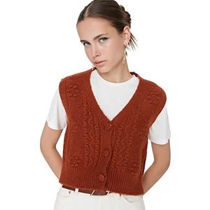 TRENDYOL Dames V-hals effen kleur regular gebreid vest sweater, bruintinten, L
