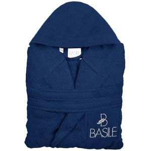 Basile Milano, Badjas met capuchon en zak, geborduurd uit badstof, puur katoen, maat S/M, blauw