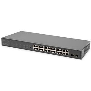 DIGITUS 26-poorts Gigabit PoE Ethernet Network Switch - Unmanaged - 24 RJ45-poorten + 2 SFP-poorten - 370W PoE-budget - 19 Inch Form Factor - Zwart
