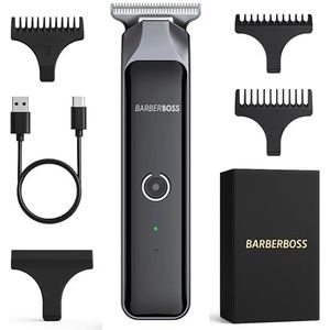 BarberBoss Draadloze tondeuse voor mannen, baardtrimmer met T-bladen, waterdichte verzorgingsset met 4 geleidekammen, LCD-display, snel opladen via USB, gezichts- en lichaamshaartondeuse (zwart)