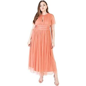 Anaya with Love Dames Midaxi Jurk Hoge Taille Sleutelgat Korte Flutter Mouw Crew Halslijn voor Bruiloft Gast Bruidsmeisjes Prom, Koraal Roze, 38