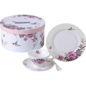 Koffie Theekop en Schotel 7,5 inch Dessertbord Set 3 Shabby Chic Vintage Porselein Vogel Vlinder Bloemen Geschenkdoos (Crème/Beige)