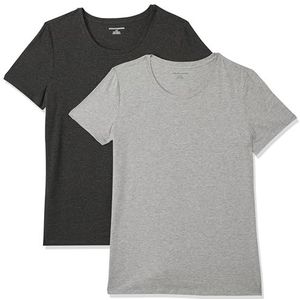 Amazon Essentials Women's T-shirt met korte mouwen en ronde hals in klassieke pasvorm, Pack of 2, Houtskoolzwart/Lichtgrijs, L