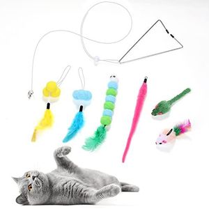 Grand Line Kattenspeelgoed, Interactief Hangend Kattenspeelgoed met Veren Bel, Intrekbaar Dierenspeelgoed Set van 6 voor Kittens en Katten