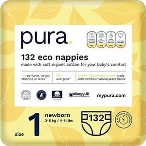 Pura Eco Baby Luiers Maat 1 (Pasgeborenen 2-5 kg ​​/ 4-11 lbs) Maandpakket 6 x 22 per pakket, 132 Luiers, New Baby, EU Ecolabel gecertificeerd, Vochtigheidsindicator, Kleine baby