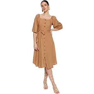 TRENDYOL Midi-jurk voor dames, A-lijn, normale pasvorm, geweven jurk, kameel, 34