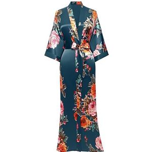 BABEYOND Maxi damesochtendjas, lang, satijn, zomer, kimono, bloemenpatroon, bedrukt, badjas, kimono, vest voor dames, lange gewaad, bloemen, slaapjurk, meisje, pyjama, feest, Donker Groen, One Size