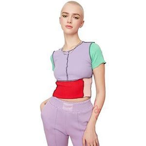 TRENDYOL Damesblouse, geblokkeerd, brede knoopsluiting, gebreide blouse, blouse, lila, S