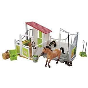 Simba 104342646 Paardenbox en wasplaats met paard, paardenstal, 30x19cm, kat, zadel, hoofdstel en accessoires, vanaf 3 jaar