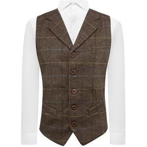 King & Priory Walnoot Bruin Visgraat Geruit Vest met Revers, Tweed, Bruin, L