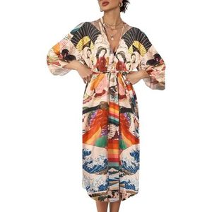 Bsubseach Vrouwen Etnische Print Losse Strand Kimono Vest Open Front Badpak Cover Up Badmode met Riem, Etnische Print, One Size