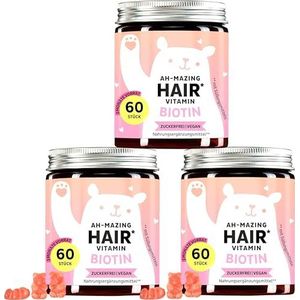 Biotine Gummy Bears Ah-mazing Hair 3-pack – Vitamines voor Haar, Huid en Nagels – 5000 µg Biotine, Zink, Vitamines B6, B9, C, E – 180 Stuks (6 Maanden), Vegan, Suikervrij, Bears with Benefits