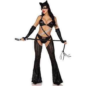Leg Avenue 3 PC Mistress Kitty, includes strappy cut out bodysuit with padded bra top and ruched back bottoms, attached belted laser cut chaps, fingerless gloves, and cat ear skull cap