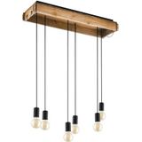 EGLO Hanglamp Wootton, 6-lichts pendellamp in vintage design, eettafellamp van bruin hout en zwart metaal, lamp hangend voor woonkamer, E27 fitting, L 81 cm