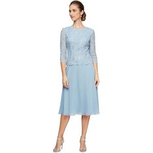 Alex Evenings Women's Tea Length Embroidered Bodice Mother of The Bride Gown, Wedding Guest Dress (Petite and Regular Sizes), Sky Blue, 12