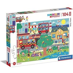 Clementoni - Supercolor Busy Town-104 stuks-Made in Italy, 4 jaar, puzzel cartoons, illustraties voor kinderen, meerkleurig, medium, 23766