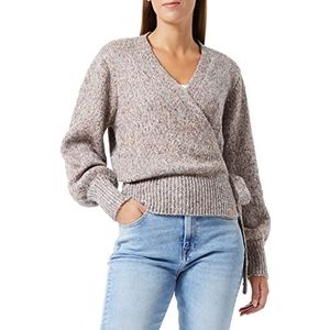 Cream Wrap Sweater Knit Pullover Top V-hals Lange Mouwen, Licht Grijs Melange