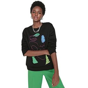 TRENDYOL Dames Crew Neck with Slogan Nauwsluitend Sweatshirt, Zwart, M, zwart, M