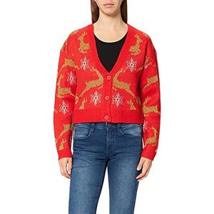 Urban Classics Dames gebreide jas Ladies Short Oversized Christmas Cardigan, sweatshirt met kerstmotief verkrijgbaar in 2 kleurvarianten, maten XS - 5XL, rood/goud., S