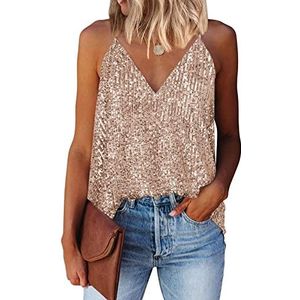miduo Dames V-hals strappy tank tops losse casual mouwloze shirts blouses, goud, S