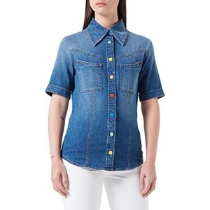 Love Moschino Dames korte mouwen in licht linnen Tencel Blend Denim Shirt, blauw (medium blue denim), 48 NL