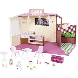Lori Café Set accessoires voor poppen van 15 cm - poppenhuis met poppenaccessoires, meubels, toonbank, eten, koffiezetapparaat, tafels, stoelen - speelgoed voor kinderen vanaf 3 jaar