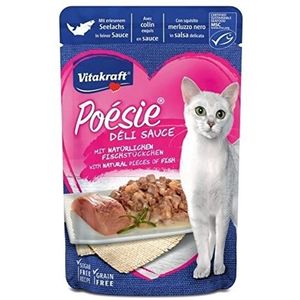 Vitakraft Poésie Délice Weide, natvoer voor katten met stukken vlees in saus, variëteit, pollak, 85 g