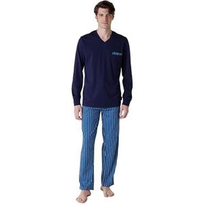 LVB Pyjamaset voor heren, lang, V-hals, jasje met borstzak en manchetten, Navy Blauw, XL