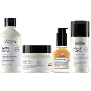 L’Oréal Professionnel, Routine Tegen Haarbreuk, Voor Gekleurd en Beschadigd Haar, Zuivert en Versterkt de Haarvezel, set met Shampoo, Masker, Olie en Leave-in Cream, Metal Detox