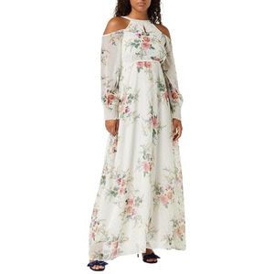 Frock and Frill Lurex jurk met bloemenprint voor dames, met kanten versieringen, speciale gelegenheden, Witte bloemenprint, 34 NL