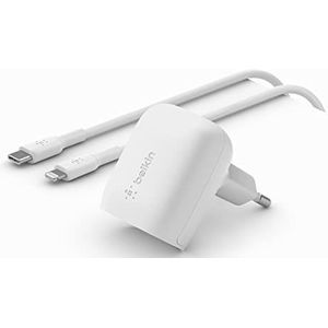 Belkin WCA006vf1MWH-B5 USB Type-C Power Delivery snelle wandlader met USB-C/Lightning-kabel, USB-C PD 3.1-gecertificeerd, met PPS, voor iPhone 14, Pro, Max, Plus, iPad, Galaxy, Pixel, 20 W - Wit