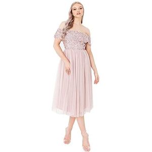 Maya Deluxe Bardot voor dames, midi-jurk met versieringen, bruidsmeisjesjurk, frosted pink, 54 NL