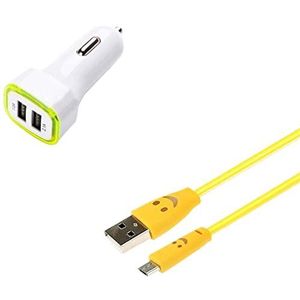 Autolader voor Wiko View 3 Smartphone Micro-USB-kabel Smiley + Dual Adapter LED sigarettenaansteker (geel)