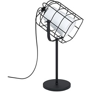 EGLO Tafellamp Bittams, 1 lichtpunt, industrieel, modern, bedlampje van staal en textiel, woonkamerlamp in zwart, wit, lamp met schakelaar, E27-fittin