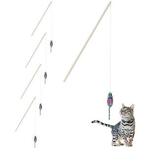 Relaxdays kattenhengel met muis, set van 5, interactief kattenspeelgoed, 106 cm lang, speelhengel voor katten, kleurrijk