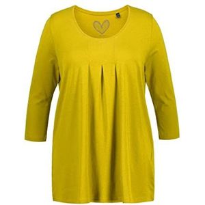 Ulla Popken, Dames, grote maten, basic shirt, 3/4-mouwen, vouwen, A-lijn, geel, 46/48 Grote maten