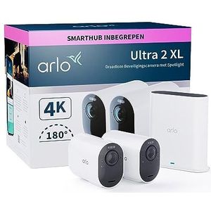 Arlo Ultra 2 XL draadloze WiFi-beveiligingscamera voor buiten, 4K UHD, 180˚ kleurennachtzicht, sirene, bewegingsdetectie, 12 mnd batterij, Smart Hub inbegrepen, incl. proefp. Arlo Secure, 2 cam, wit