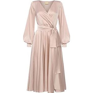 Swing Fashion Midi-jurk voor dames, elegante jurk, feestelijke partyjurk, avondjurk, bruiloftsjurk, baljurk, V-hals, lange mouwen, beige, S