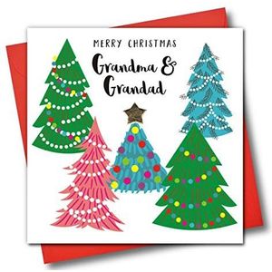 Versierde kerstwenskaart, Vrolijk kerstfeest oma & opa, kerstbomen