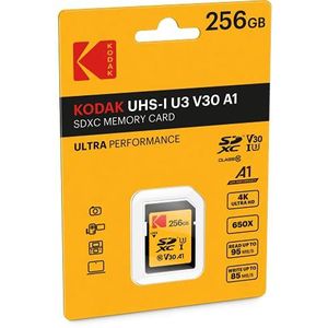 Kodak SD-kaart 256 GB UHS-I U3 V30 SDHC/XC – geheugenkaart – leessnelheid tot 95 MB/s – schrijfsnelheid max. 85 MB/s – opslag van 4K Ultra HD video en HD foto's – SD-kaart