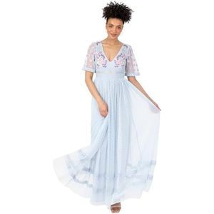 Maya Deluxe Dames maxi-jurk met korte mouwen, V-hals, bloemen, geborduurd, tule, kant, keyhole, rug, ruffle, Empire, A-lijn, gala, hemelsblauw, 36, Baby Blauw, 34